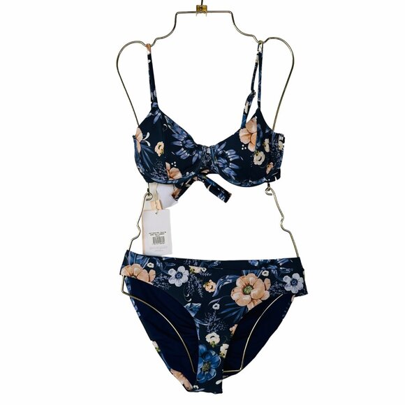 ⭐Encantadore Floral Bikini 2 PC Set Womens Sz L Navy Blue Full Coverage Carmen⭐ - Picture 2 of 11